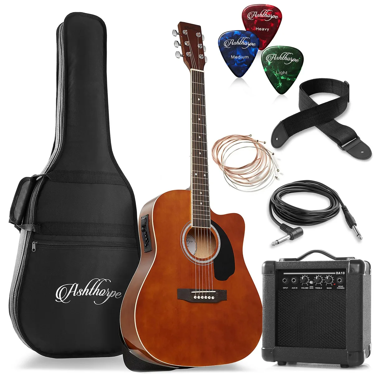 Ashthorpe Ashthorpe 41" Dreadnought Cutaway Acoustic-Electric Guitar with 10W Amp Brown — product photo