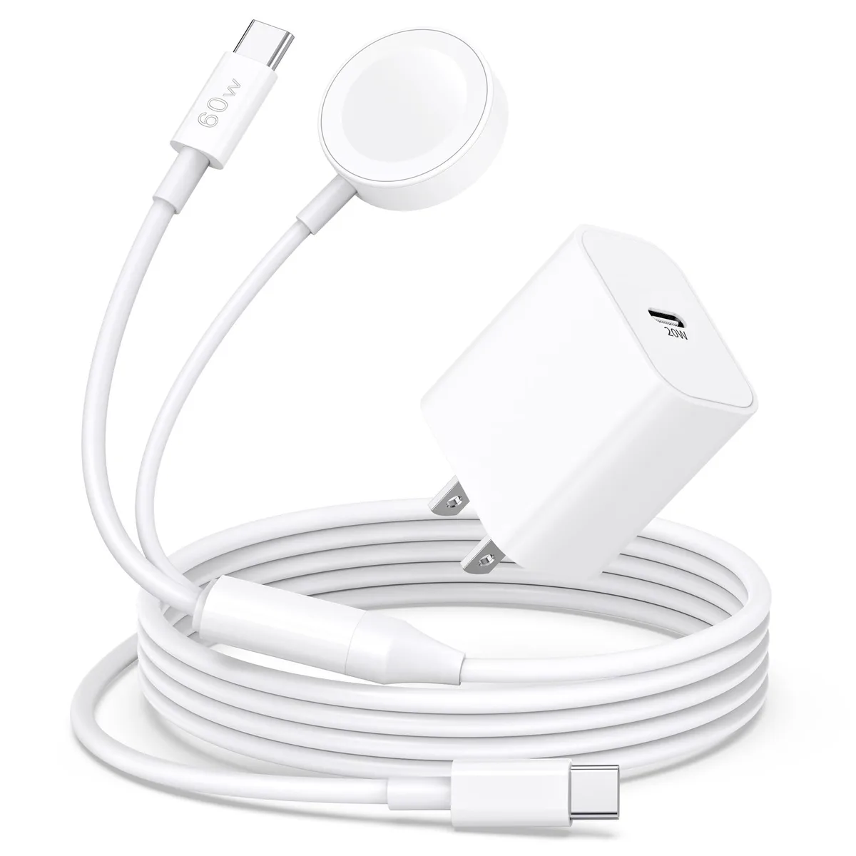 White 2-in-1 magnetic watch charger and USB-C cable with 20W wall adapter