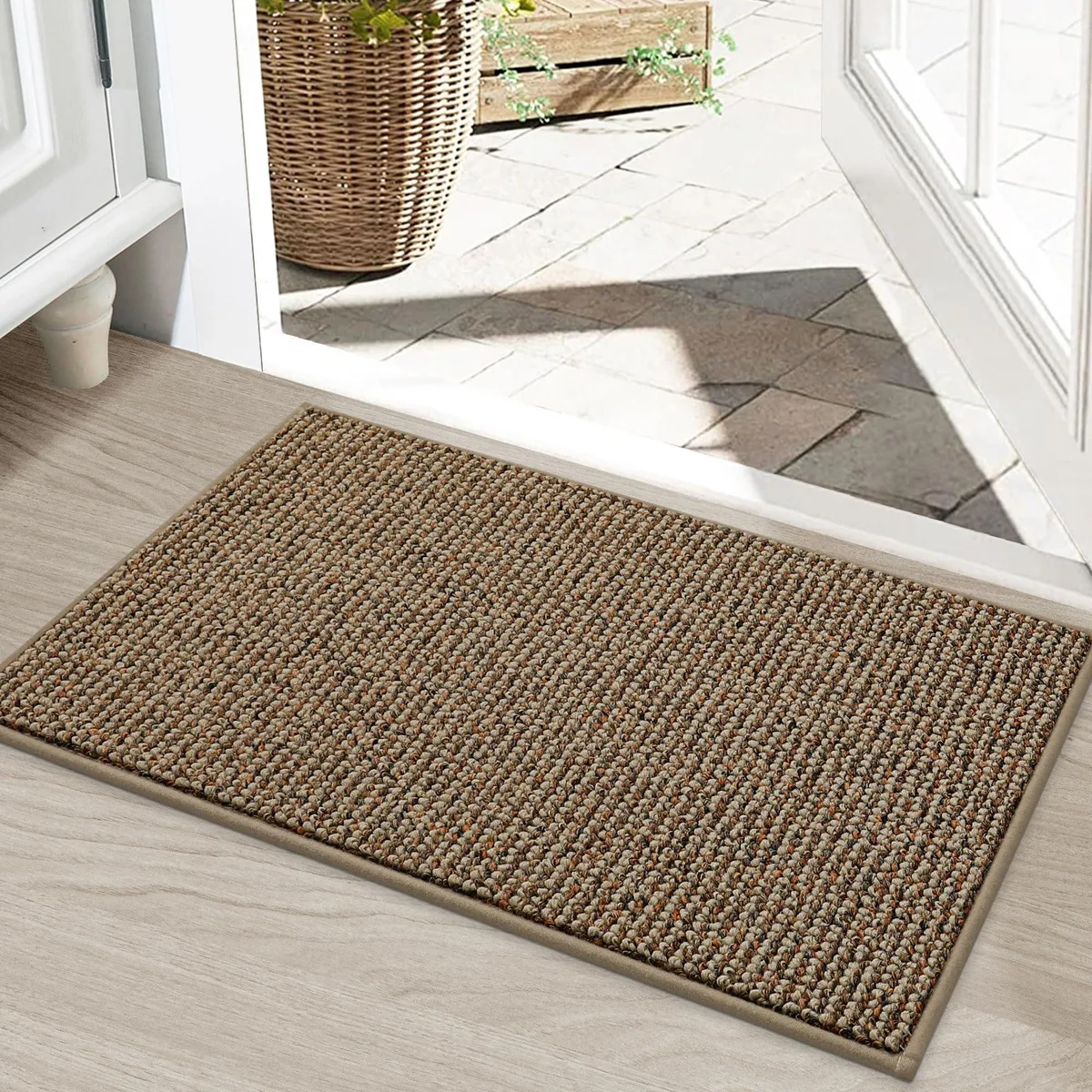 Beige striped door mat 20 by 32 inches low profile machine made bamboo material