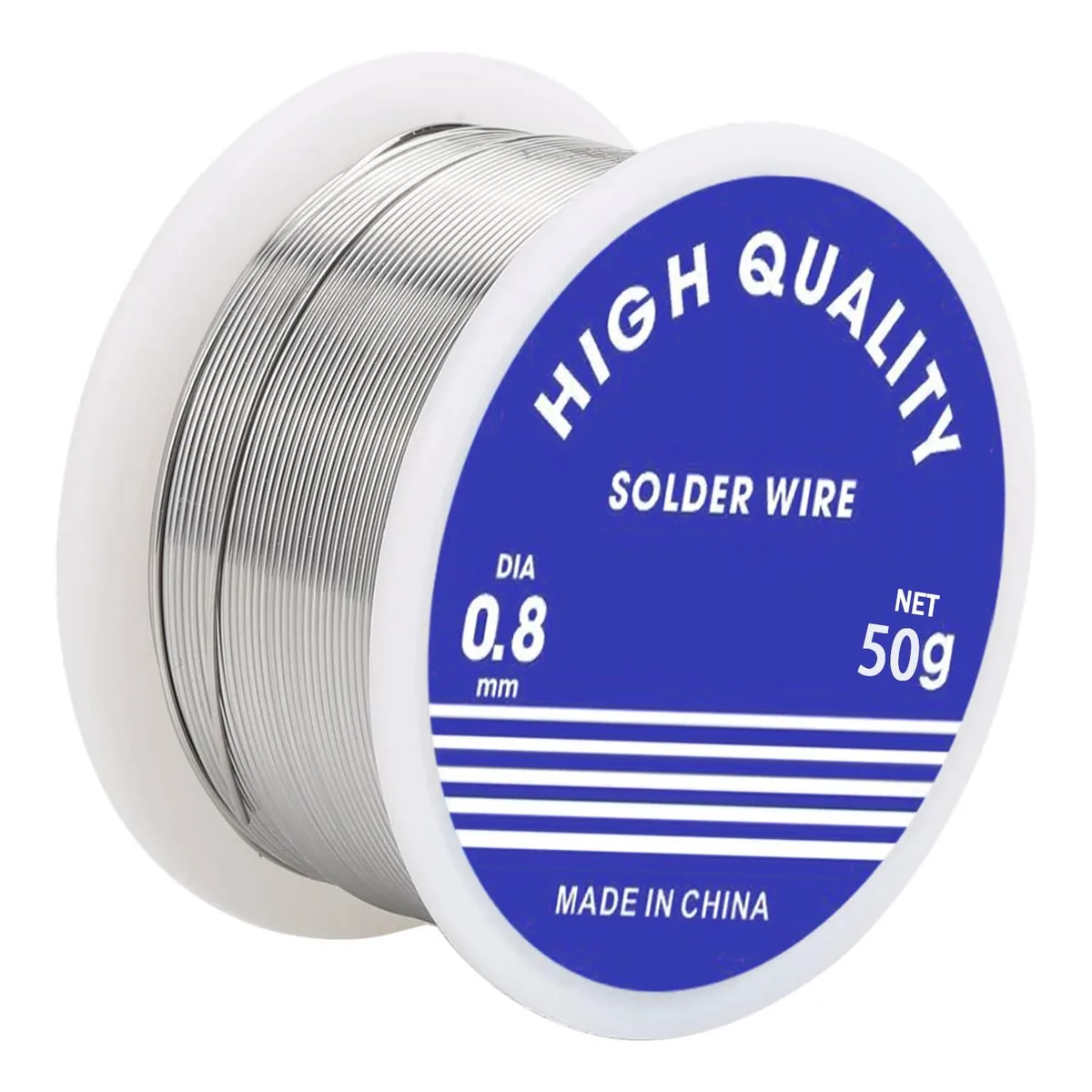 Spool of 0.8 mm rosin-core solder wire, 50 g net weight