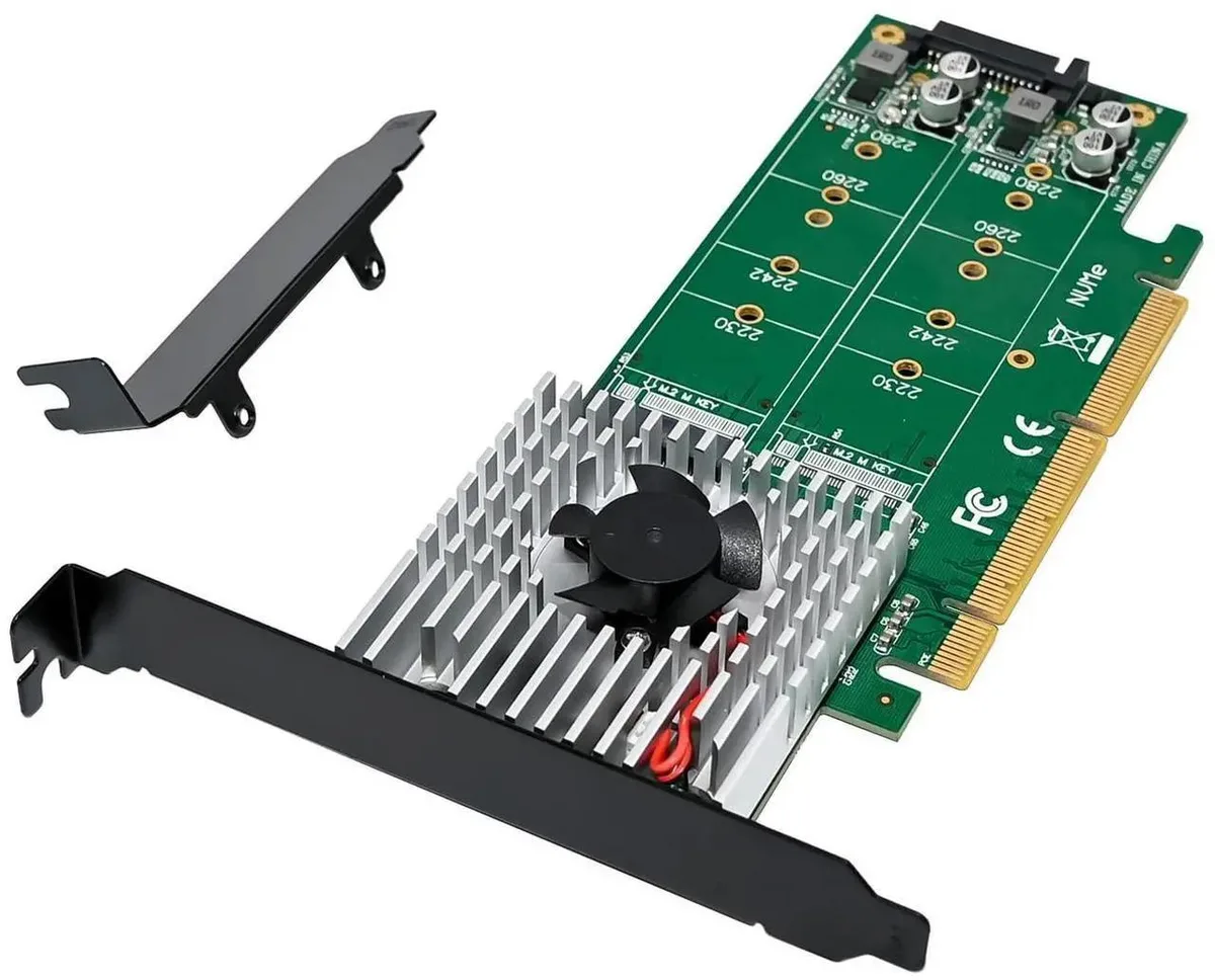 Green PCB card with two M.2 slots and a low-profile metal bracket