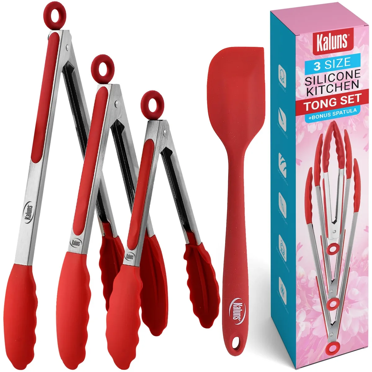 Stainless steel tongs set with silicone tips and spatula in multiple lengths