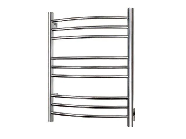 Wall-mounted brushed stainless steel towel warmer with nine curved bars