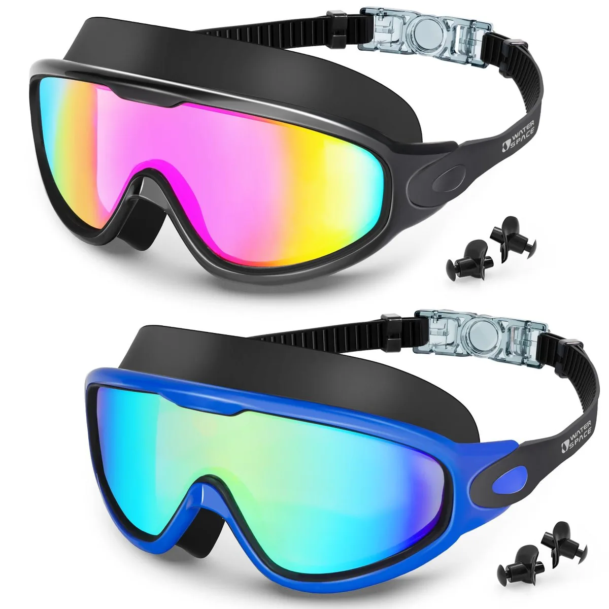Blue swimming goggles with large curved lenses and silicone seal