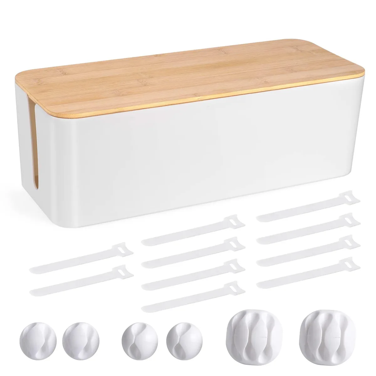 White cable management box with wooden lid and included clips and ties