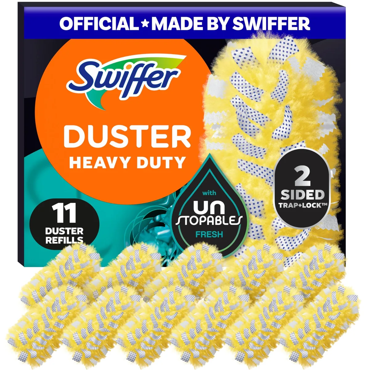 Box of eleven Swiffer heavy-duty duster refills with Unstopables fresh scent