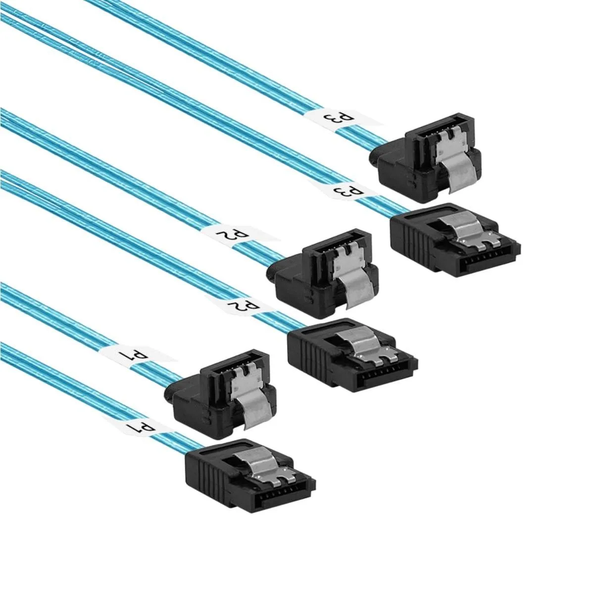 Three blue right-angle SATA cables, 24 inch, thin flat profile, locking latches