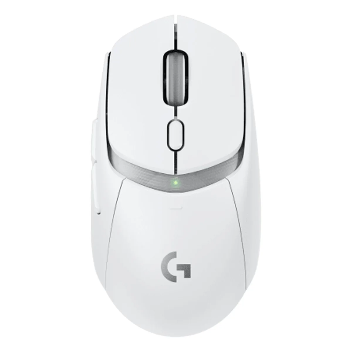 White wireless gaming mouse, ambidextrous shape, matte finish, six buttons, PTFE feet visible
