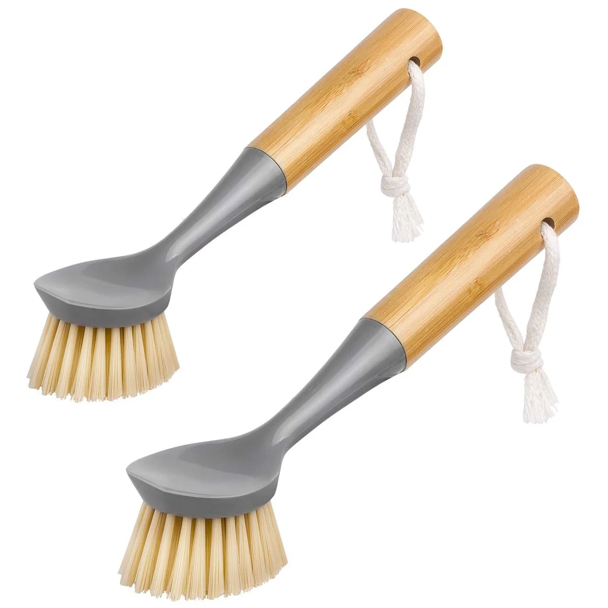 Two gray dish brushes with bamboo handles and built-in scrapers, each with a hanging rope