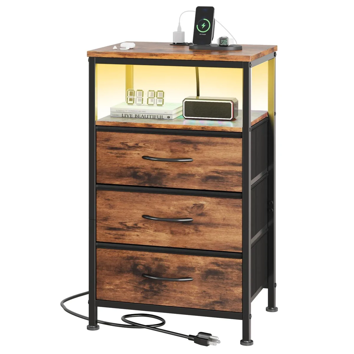 Rectangular rustic brown nightstand with metal frame, three fabric drawers, open shelf, adjustable feet and LED light strip