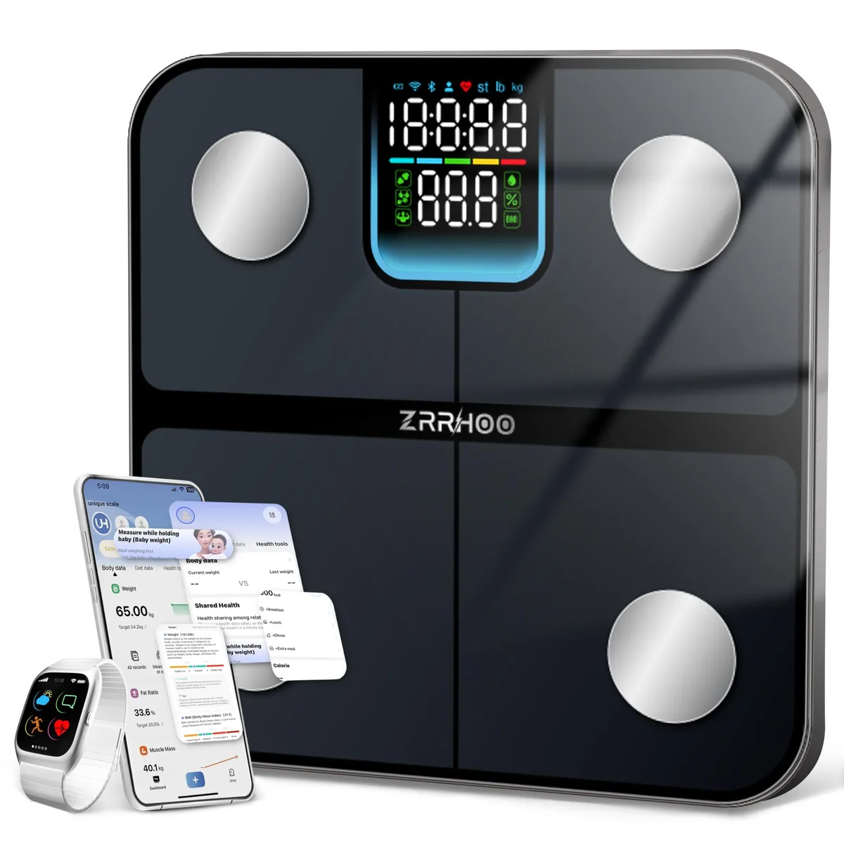 Black rectangular bath scale with tempered glass platform and LED display