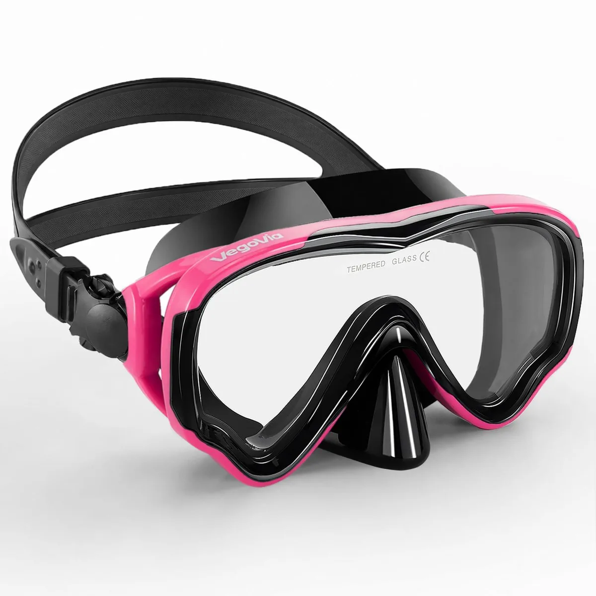 Pink single-lens swim goggles with integrated nose cover, one-piece polycarbonate frame, 180° panoramic view