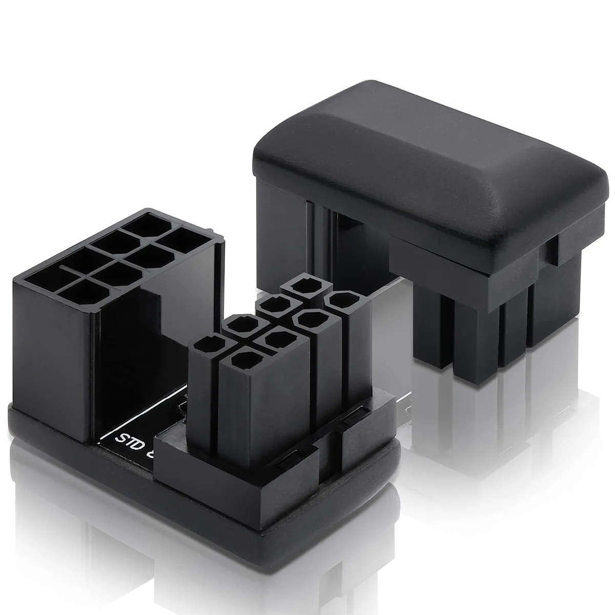 Two black 180-degree PCIe 8-pin U-turn adapters side by side