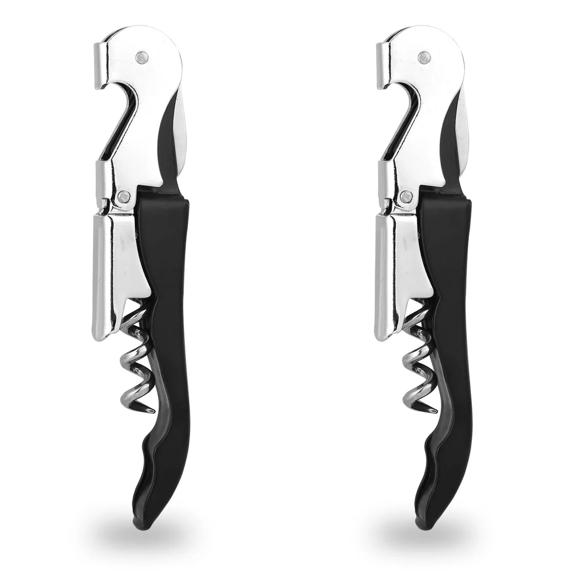 Two compact black waiter corkscrews with double hinged levers and foil cutters folded closed