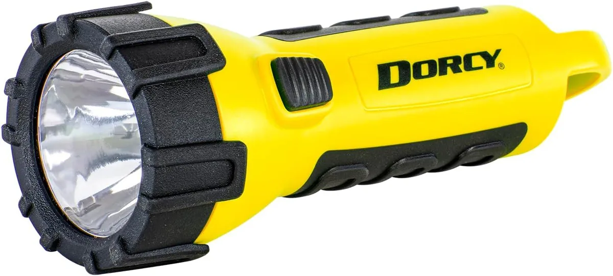 Yellow floating LED flashlight with carabiner clip and rubber grip