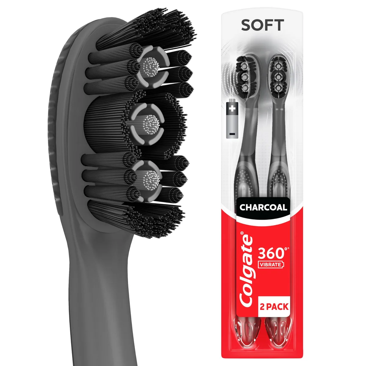Two black battery-powered toothbrushes with charcoal-infused soft bristles in packaging