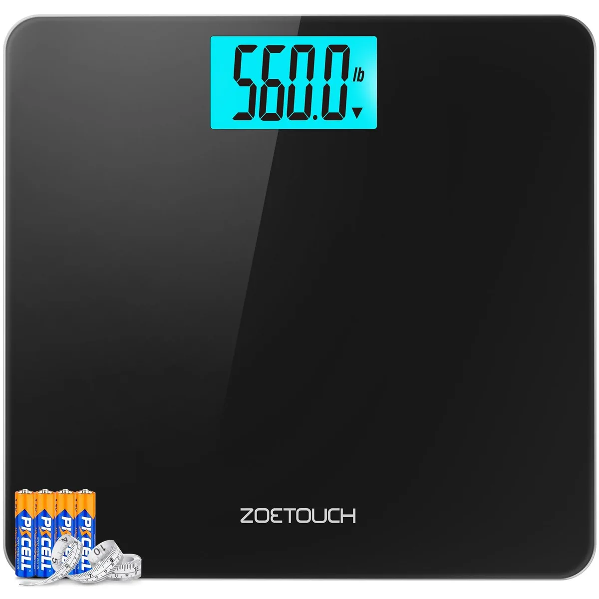 Black rectangular bathroom scale with 12.9 inch tempered glass platform and 4.2 inch LCD display