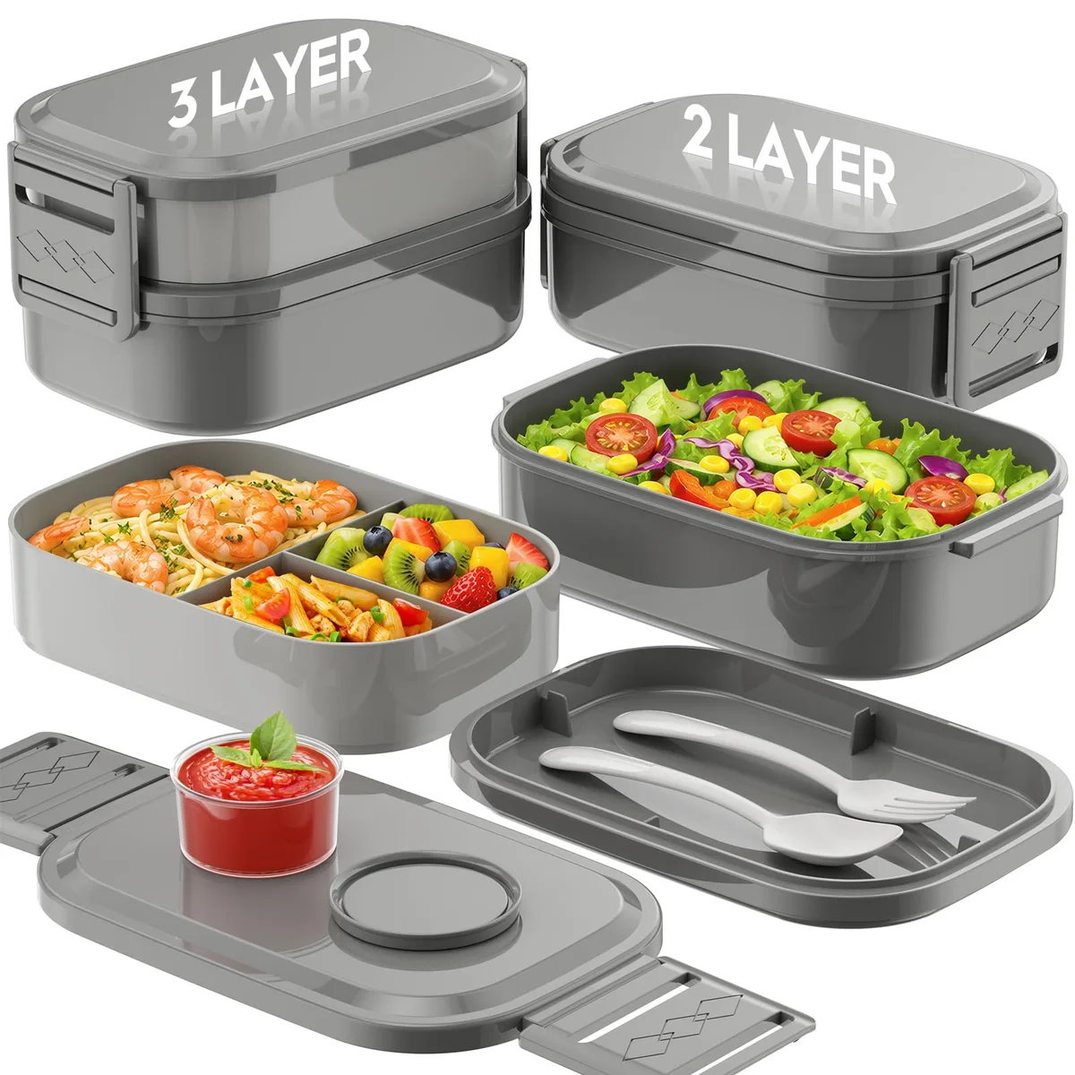 Beige rectangular bento box with three stackable tiers and secure latches