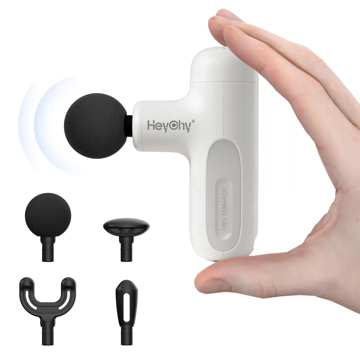 Small blue handheld massage gun with four silicone heads
