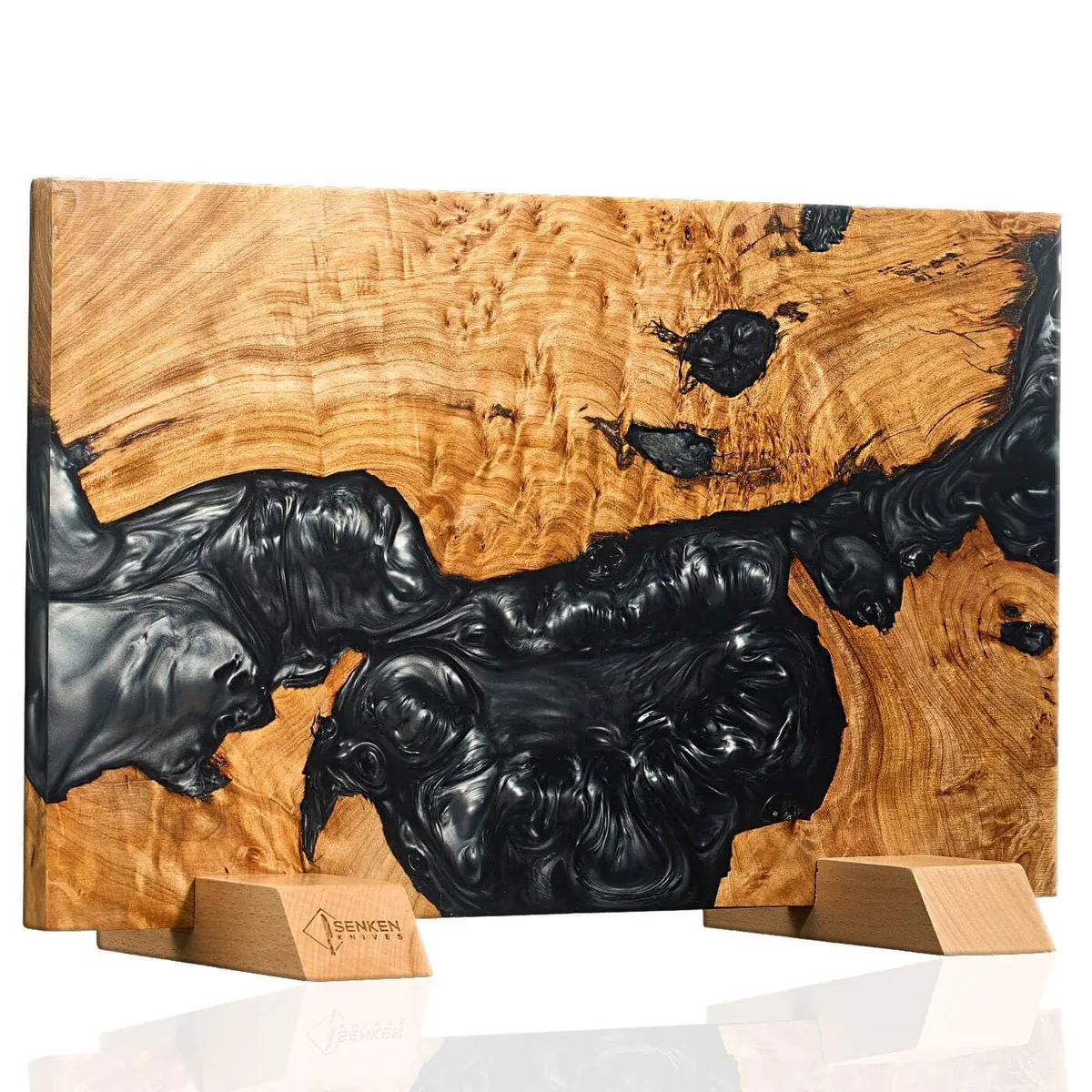 Dark resin burl wood block with beech bases, dual-sided magnetic knife holder
