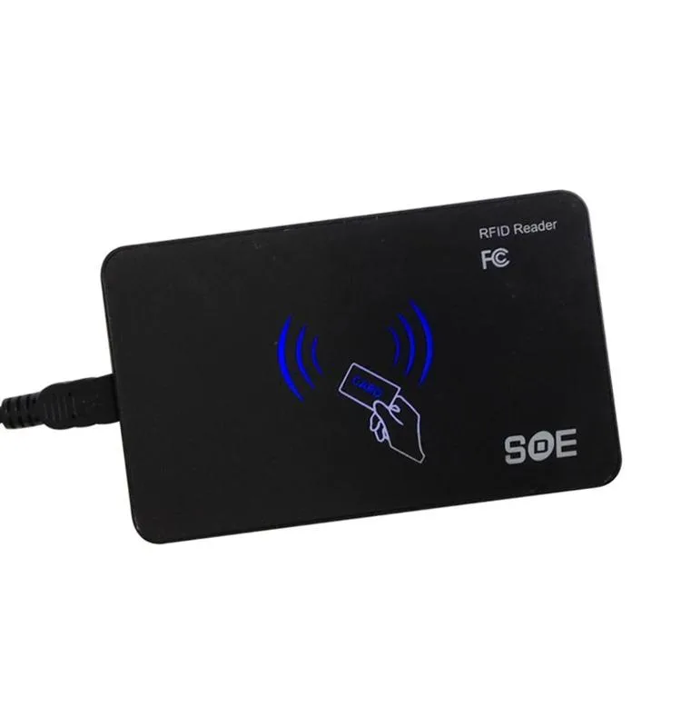 Black rectangular RFID reader with USB cable, compact plastic body, 9.8 by 6.3 by 1 cm