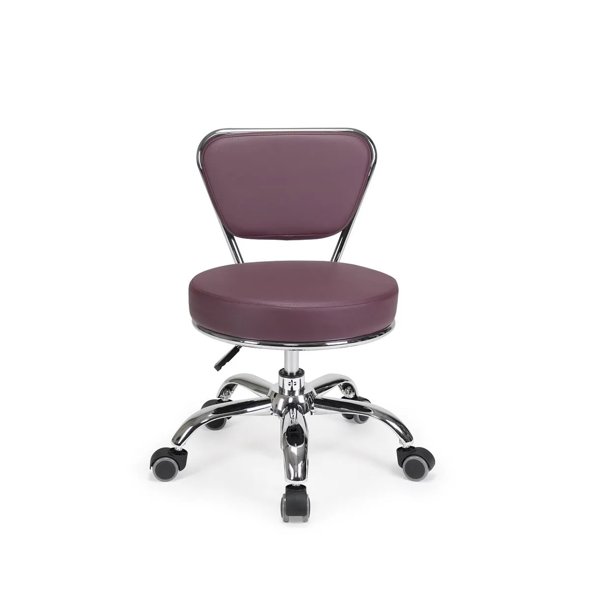 Burgundy pedicure stool with chrome base, five casters, padded seat and backrest