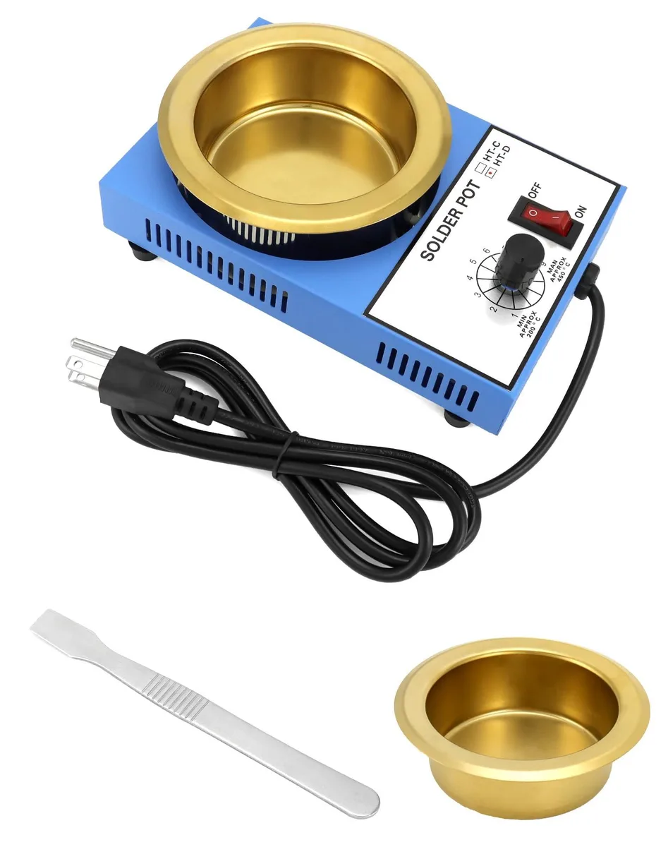 Stainless steel solder pot with 100mm titanium plate bath, 300W 110V, includes spare pot and scraper