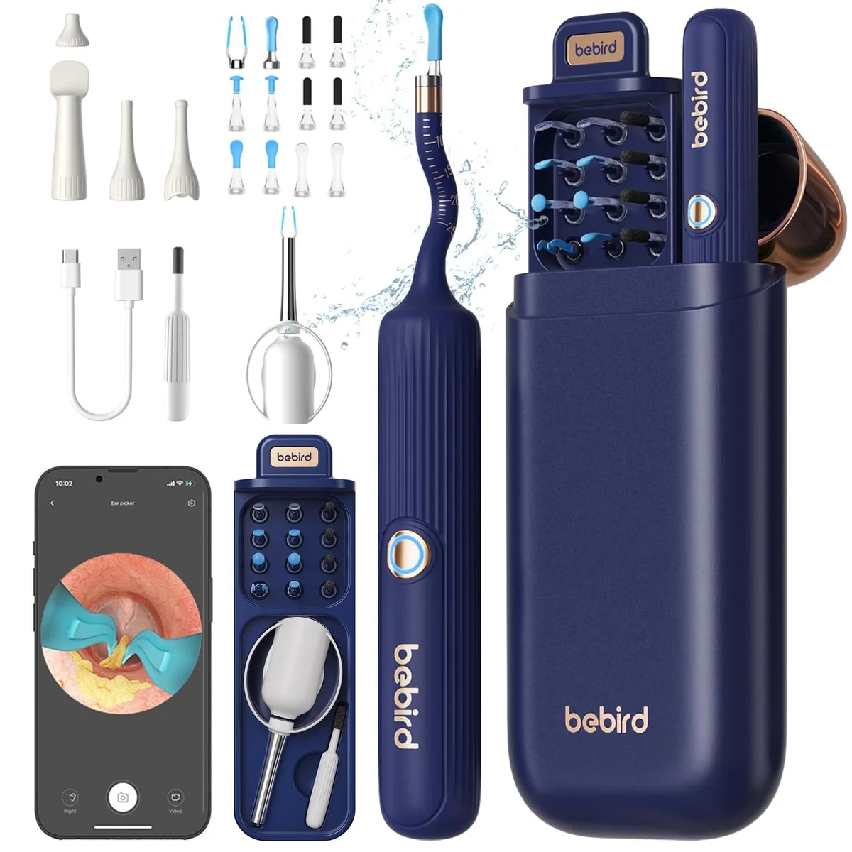 Navy blue wireless otoscope ear cleaner kit with flexible silicone tube lens and compact storage case