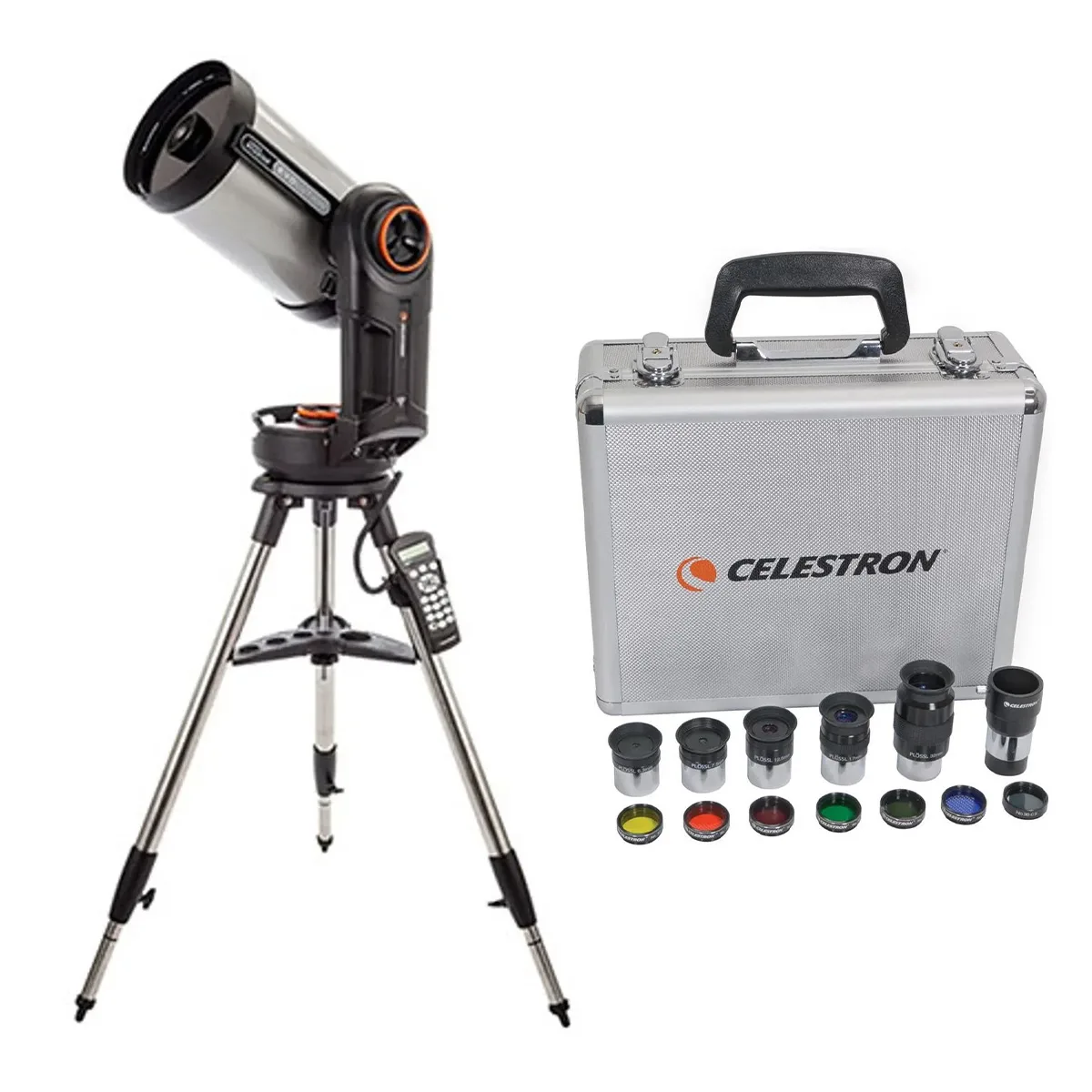 Orange Schmidt-Cassegrain telescope on steel tripod with accessory case