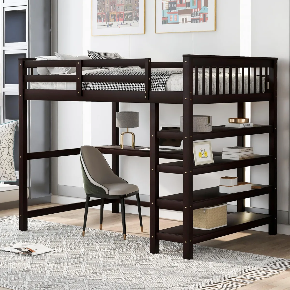 Full-size loft bed with desk and shelves, espresso finish