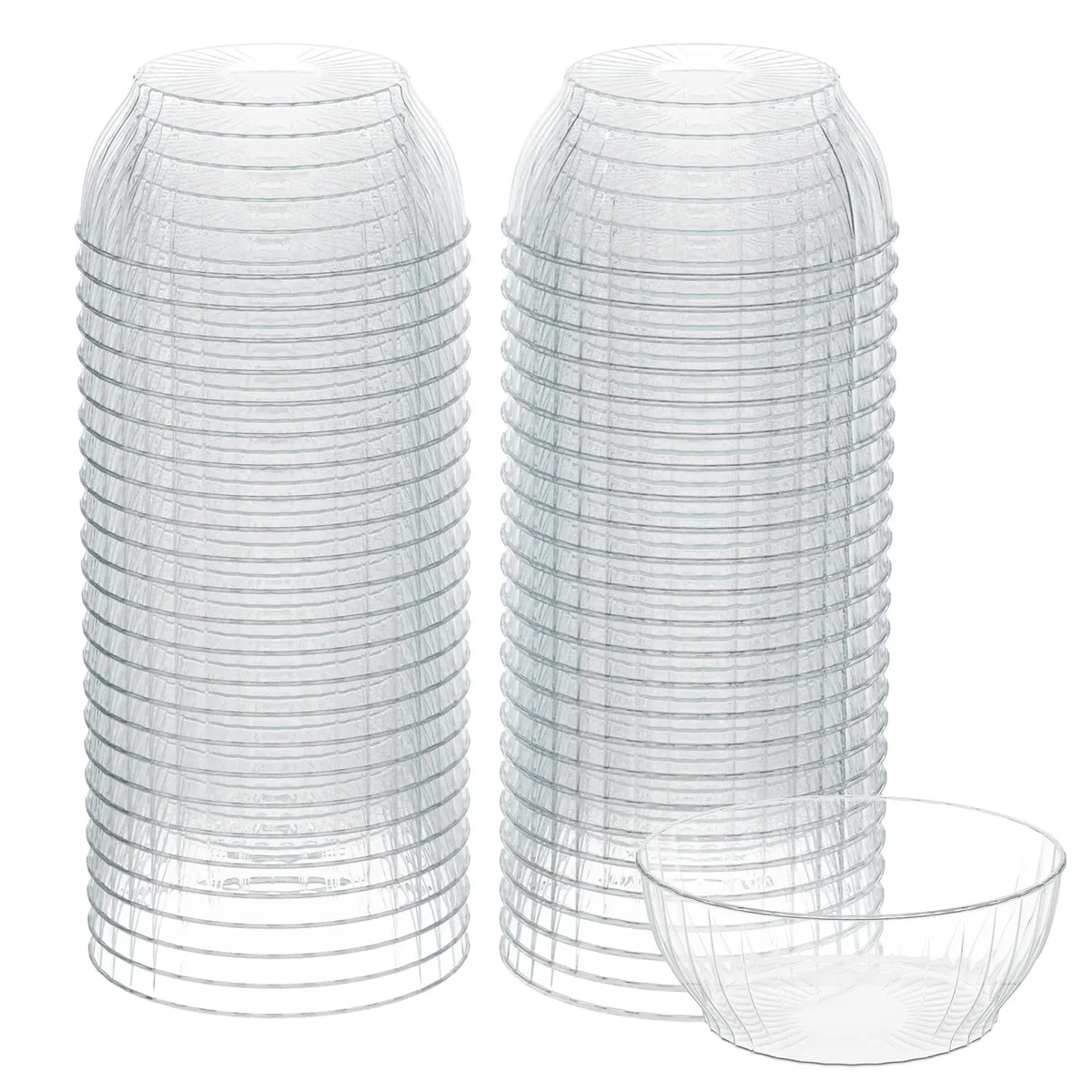 Clear plastic round bowls in a 50-count stack