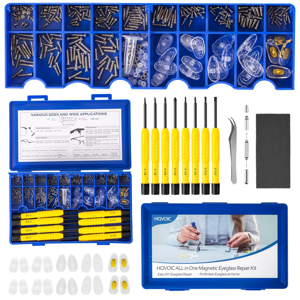  HQVOIC BlueRepairV3 fastener kit 14 screws 10 nose pads 4 PH 4 flat drivers 0.7x10.1x16.6cm — product photo