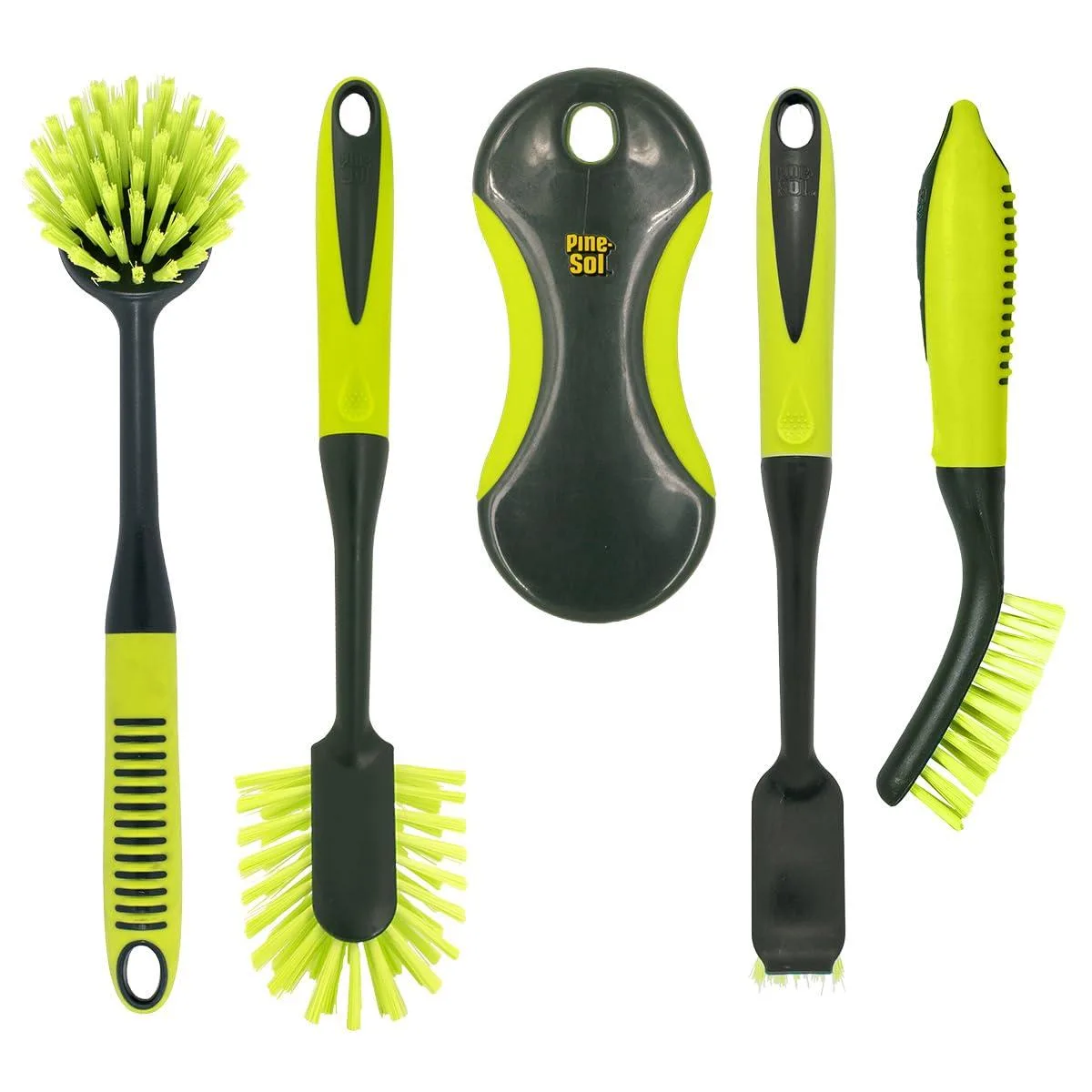 Five-piece scrub brush set with long handles and comfort grips
