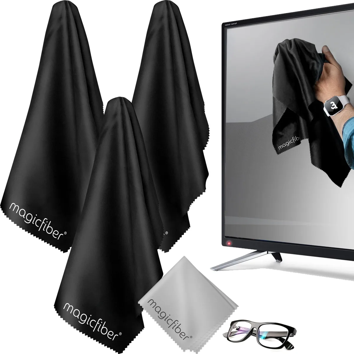 Four large square microfiber cloths, three black one grey, folded in a polybag