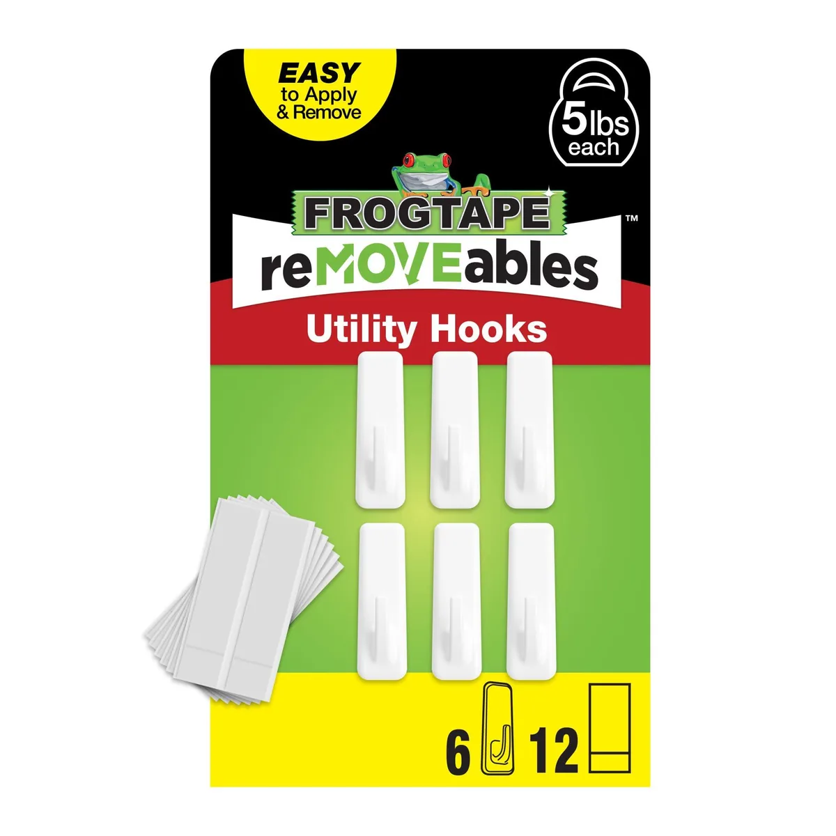 Six white wall hooks with adhesive strips, painted rubber finish
