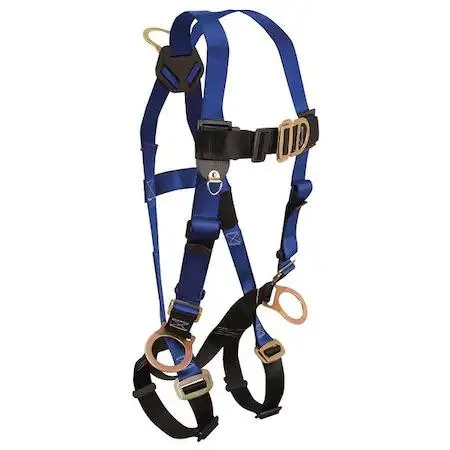 Blue and black full-body safety harness with mating buckles on chest and legs, steel D-rings on back chest and hips