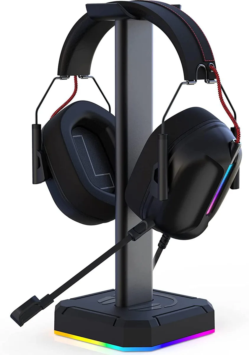 Black aluminium headphone stand with RGB light strip, 10.5 inch height, rubber base