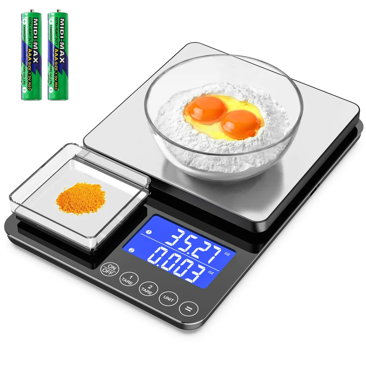 Yellow dual-platform kitchen scale with large and small stainless weighing surfaces and a side-mounted backlit display
