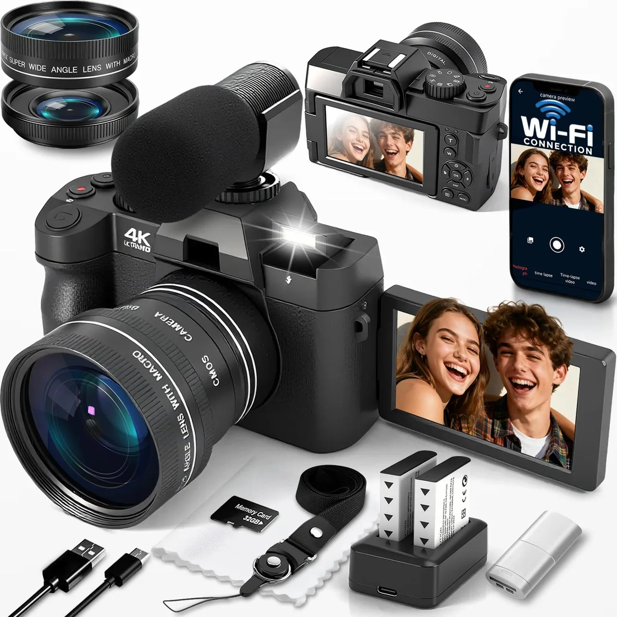 novzzovaz novzzovaz 4K 48MP Point & Shoot Camera WiFi Flip Screen 32GB Kit — product photo