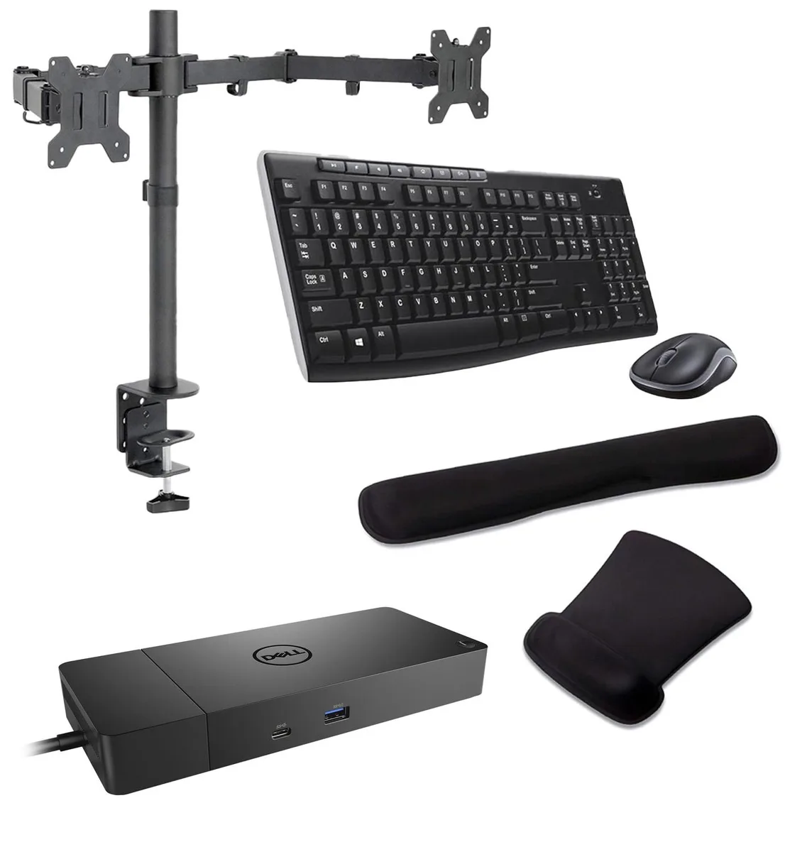DELL DELL WD19S USB-C Dock 90W 4K Bundle: MK270 Keyboard, Mouse, Dual Monitor Stand, Gel Wrist Rest — product photo
