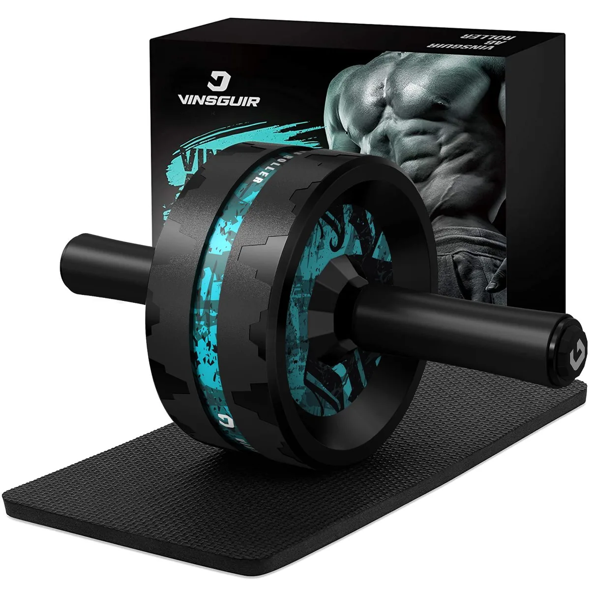 Black dual-wheel ab roller with knee pad, 3.2 inch wheels, 440 lb capacity