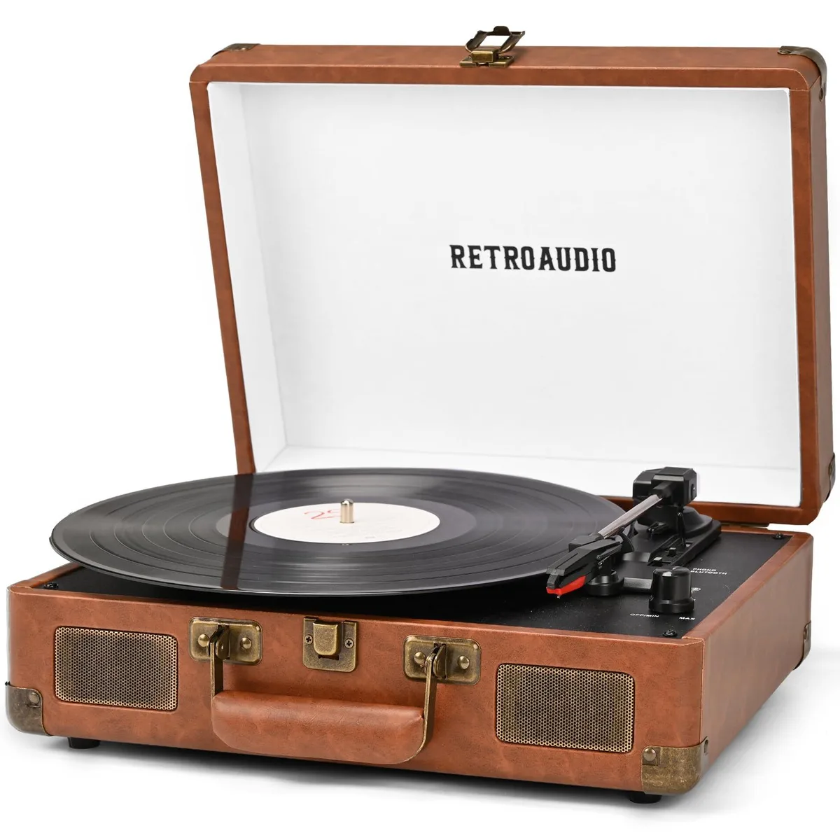 Brown suitcase-style portable turntable with carry handle and built-in speakers