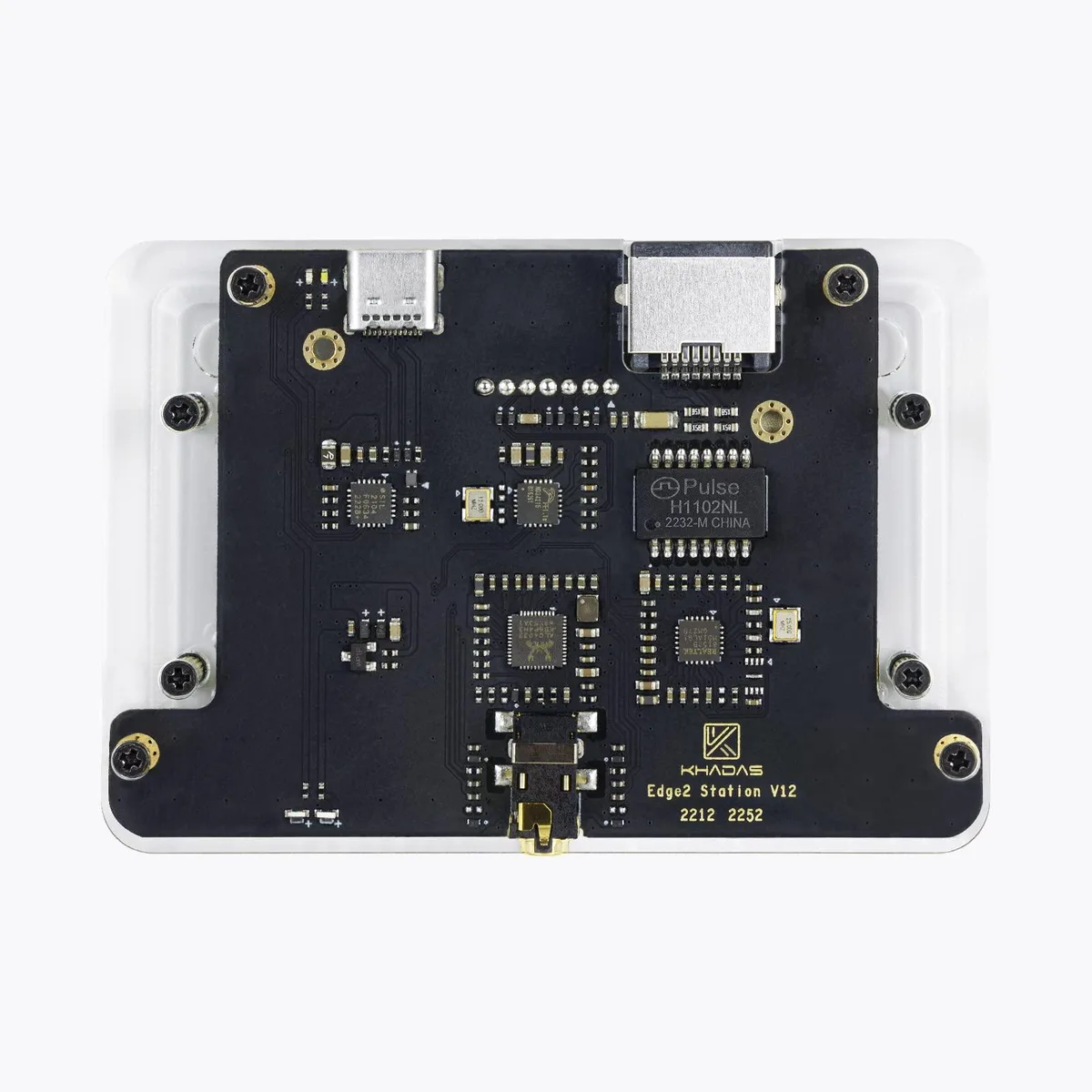 Rectangular green PCB extension board with Ethernet port, 3.5mm audio jack, USB-C connector, pogo pins, and indicator LEDs