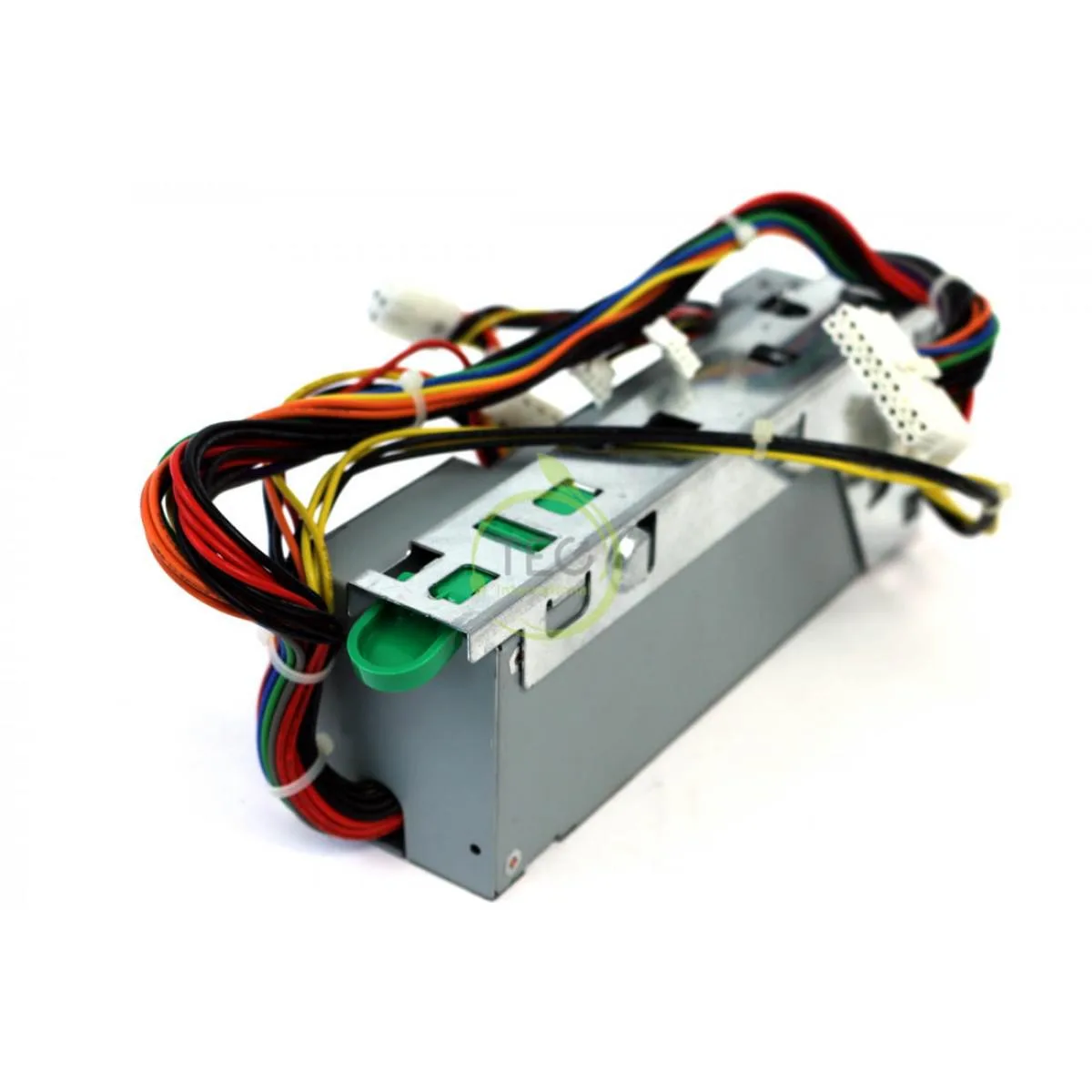 Rectangular metal server power supply unit with fan grille and power connector visible