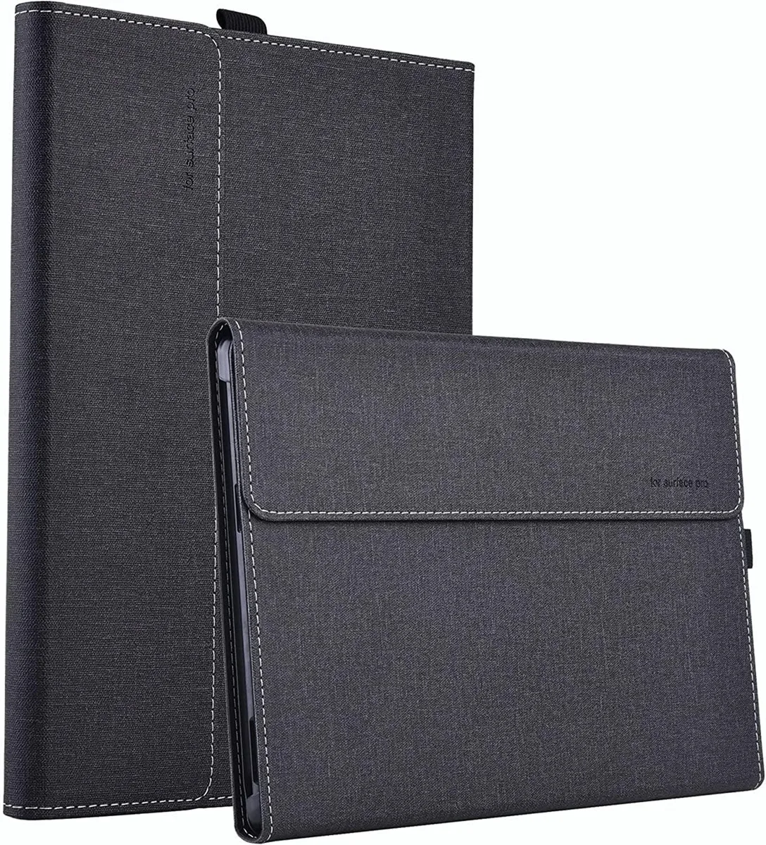 Black hard-shell portfolio case for 13-inch Surface Pro, matte finish with fold-over stand and pen loop