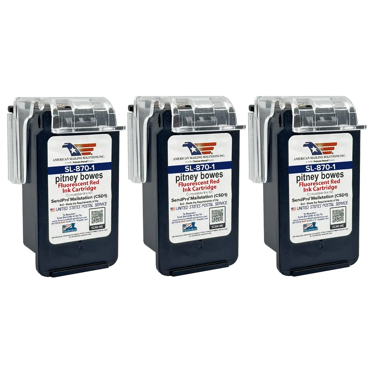 Pitney Bowes Pitney Bowes SL-870-1 Red Fluorescent Ink Cartridge 3-Pack — product photo