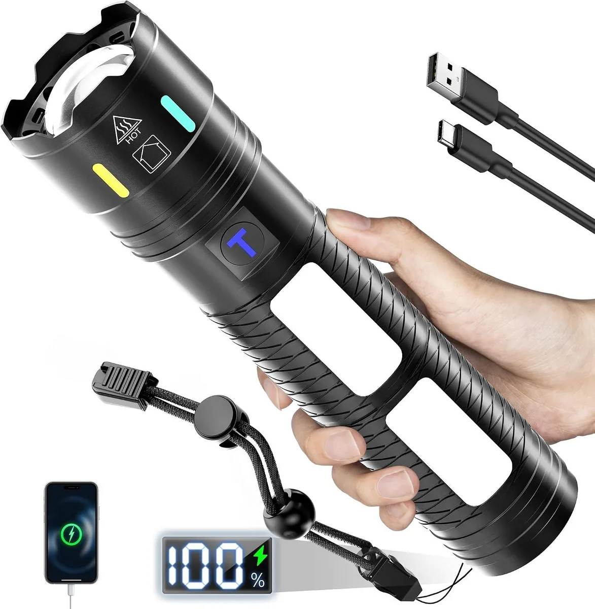 Large cylindrical torch with fluorescent head ring and red LED side light