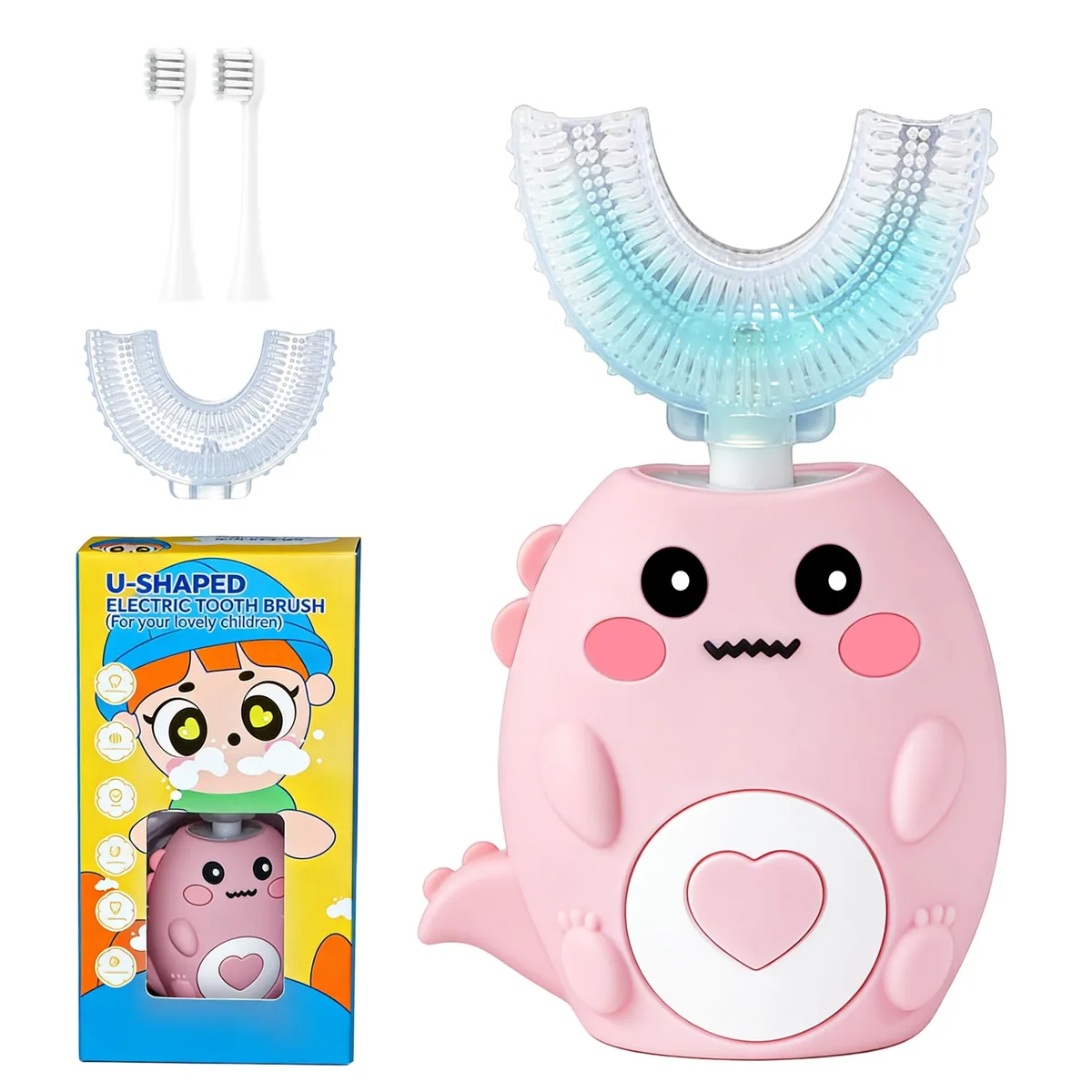 Pink U-shaped sonic toothbrush with silicone bristles and LED light