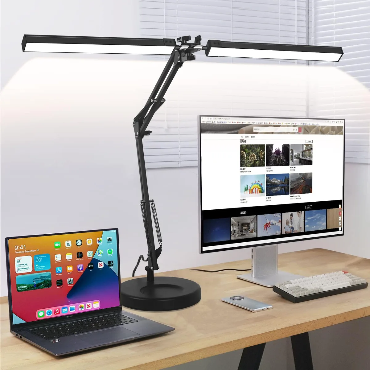 Orange rectangular double-head LED desk lamp with flexible swing arm and clamp base, 39 inches extended