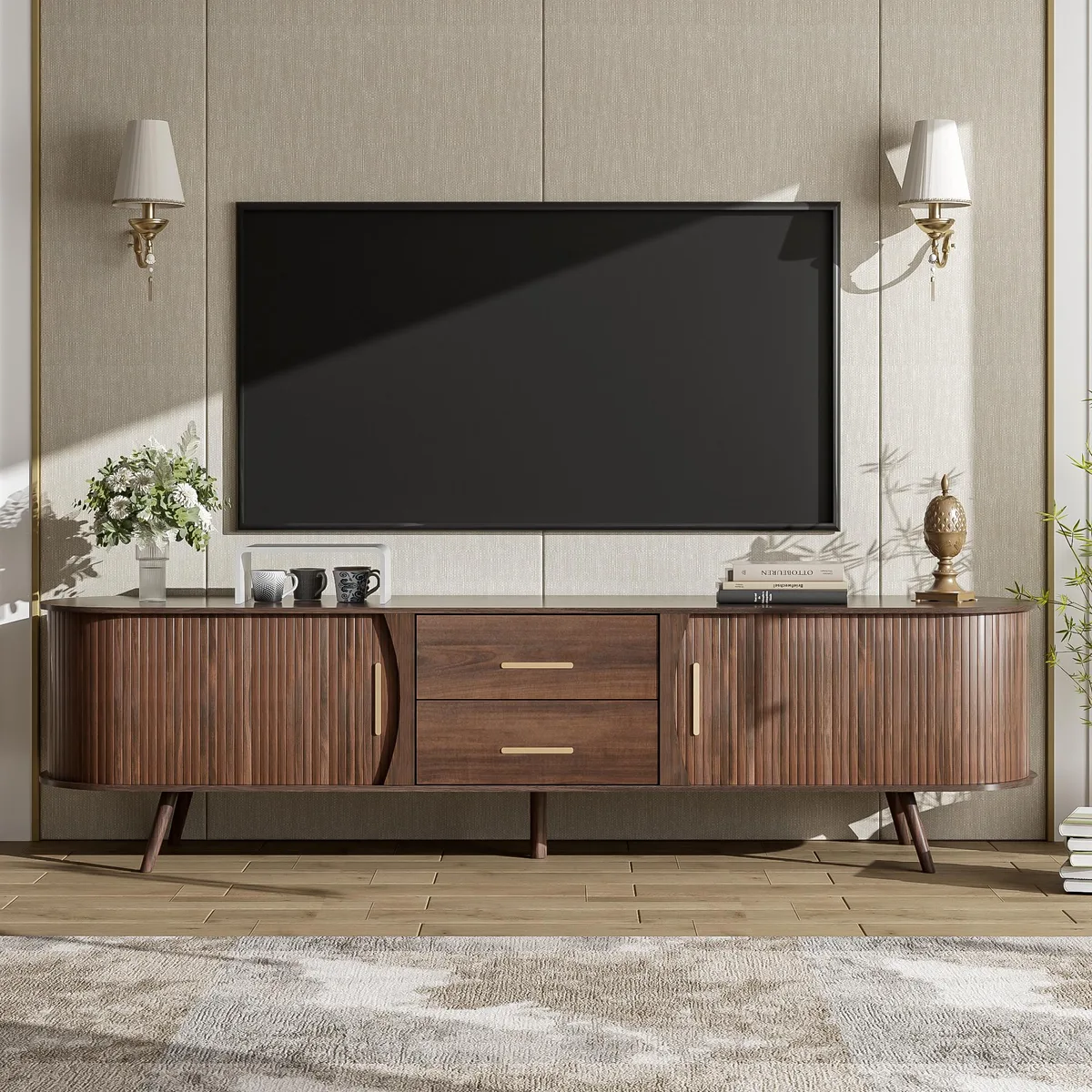 tuphen tuphen Mid-Century Modern TV Stand for 80" TV, Dark Brown, Solid Wood+MDF, 2 Drawers — product photo